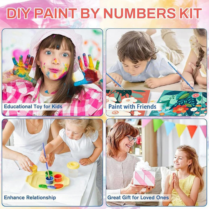 4 Pack Paint by Numbers Kit for Kids with Frame - Wooden Easel, Flowers Paint by Numbers for Kids Ages 4 8 12, Easy Flower Acrylic Oil Painting Kits for Home Wall Decoration 8X8 Inch
