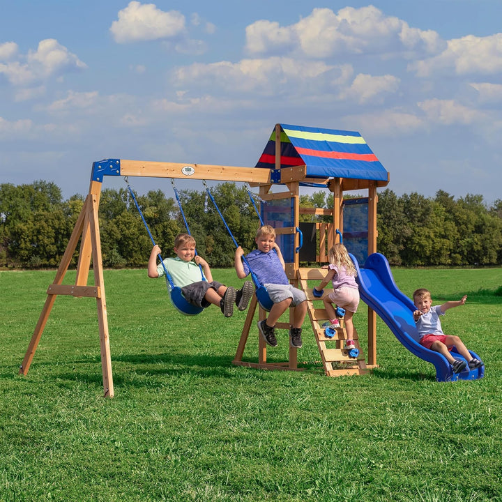 Buckley Hill Cedar Wood Swing Set with Wave Slide, Play Deck, Rock Wall Ladder, Belt Swings, Chalkboard, Canopy Roof, Outdoor Playset