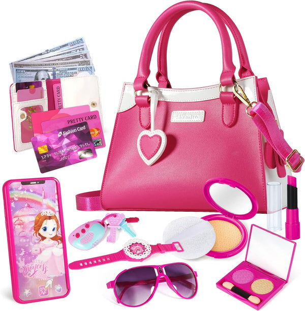 Play Purse for Little Girls, Princess Pretend Toys for Girls 3 4 5 6 7 8 Years Old, Christmas & Birthday Gift for Kids Age 3-5 4-6 6-8, Toddler Purse with Accessories, Kids Toy Purse,Pink