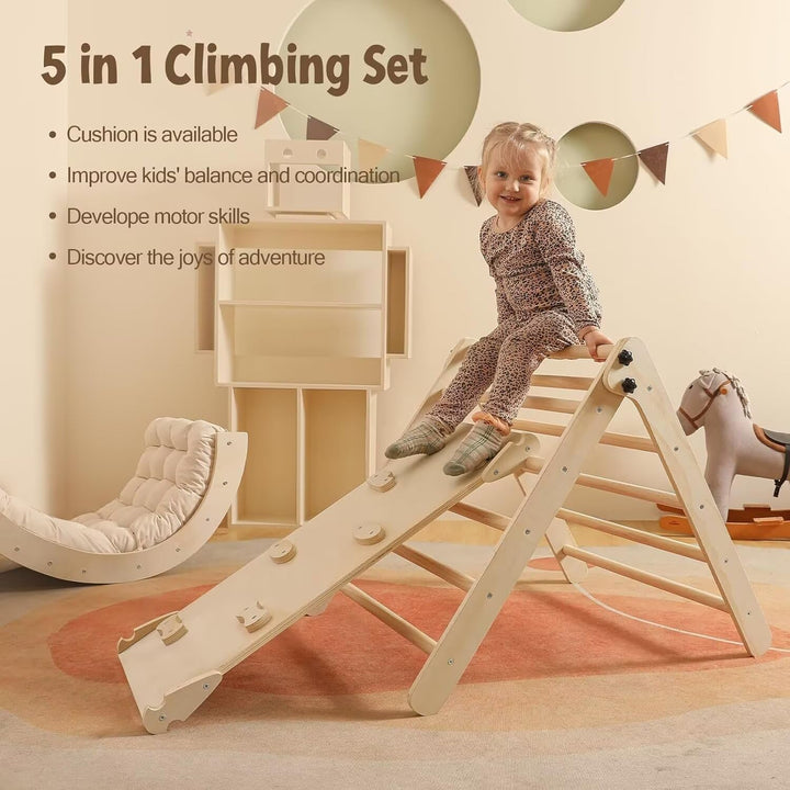 Pikler Triangle Set with Cushion Large, 5 in 1 Toddler Climbing Toys Indoor, Montessori Foldable Climbing Set for Kids, Wooden Playground Jungle Gym with Ramp, Arch and Ladder (Wooden Color)