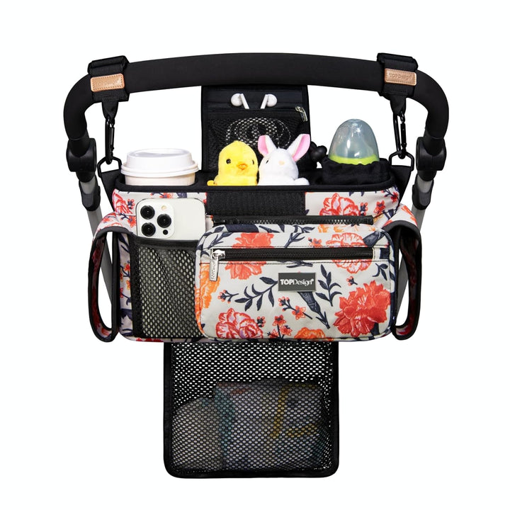 Universal Baby Stroller Organizer, Stroller Caddy with Detachable Mesh Bag & Heightened Insulated Cup Holders & Non-Slip Secure Hooks Accessories, Fits Most Strollers (Checkerboard)
