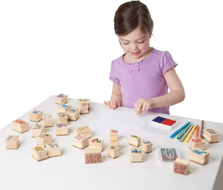 Deluxe Wooden Stamp Set: Animals - 30 Stamps, 6 Markers, 2 Stamp Pads