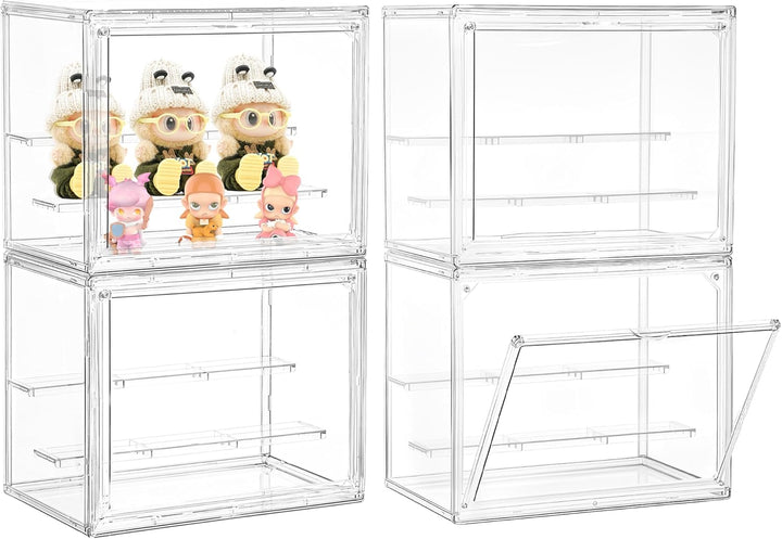 Acrylic Display Case for Collectibles 3 Layer Adjustable Figure Display Case with Magnetic Door Clear Stackable Display Box for Figures Showcase 2Pack