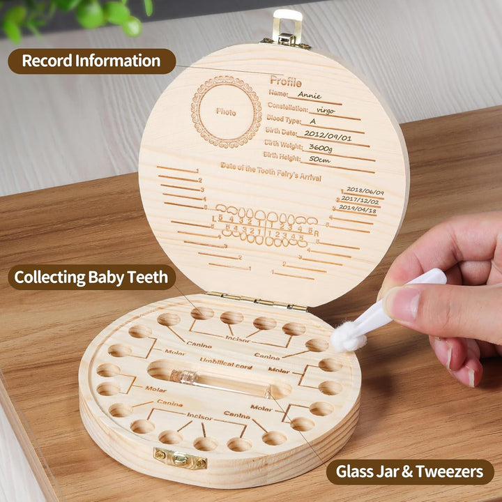 Tooth Fairy Tooth Holder Wooden Umbilical Cord Keepsake Box, Cute Baby Teeth Keepsake Box with Tweezer and Fetal Hair Container, Lost Tooth Fairy Box for Incisor|Canine|Molar|Umblllcal Cord