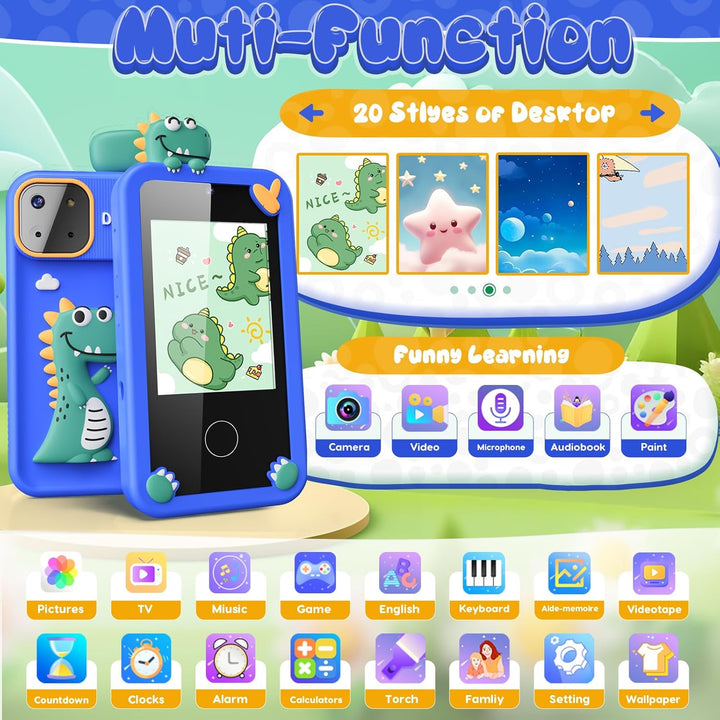 Kids Smart Phone Toys for Boys,Dinosaurs Gift Toys for Boys Ages 3-9 Christmas Birthday Gifts Mini Smart Phone Toys with 2.8" Touchscreen 16 Learning Games Dual Camera Music Player, 8G SD Card