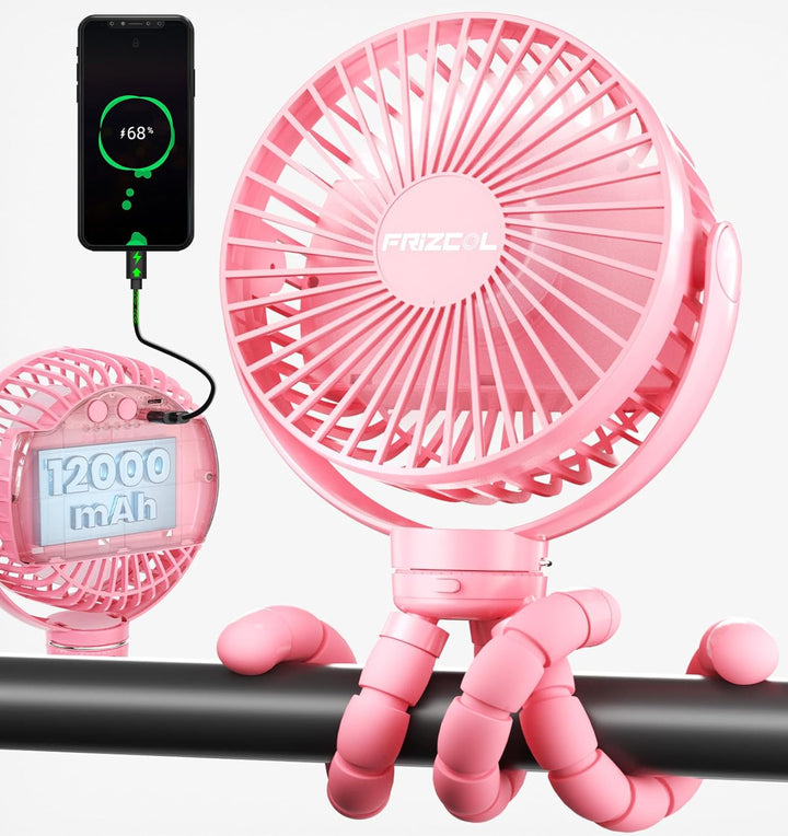 Portable Stroller Fan, Use as Power Bank, 65H 12000Mah Battery Operated Fan Flexible Tripod Baby Car Seat Fans with Timming, Personal Mini Handheld/Desk/Small Clip on Fans for Stroller