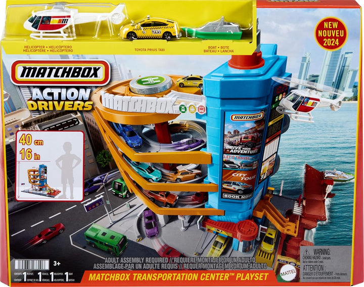 Toy Vehicles & Playset, Transportation Center with 5 Levels, Kid- & Car-Activated Features, 1:64 Scale Taxi, Boat & Helicopter & Food Vendor
