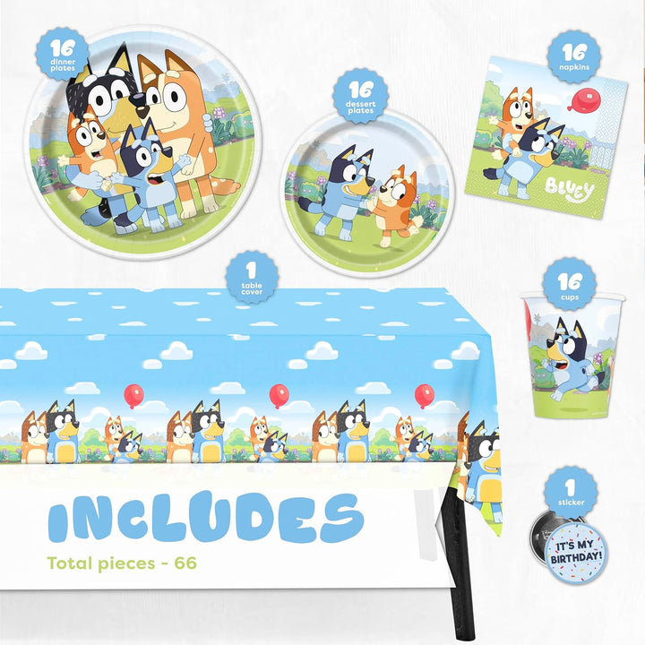 Bluey Birthday Party Supplies and Decorations - Bluey Tablecover, Plates, Cups, Napkins, Button