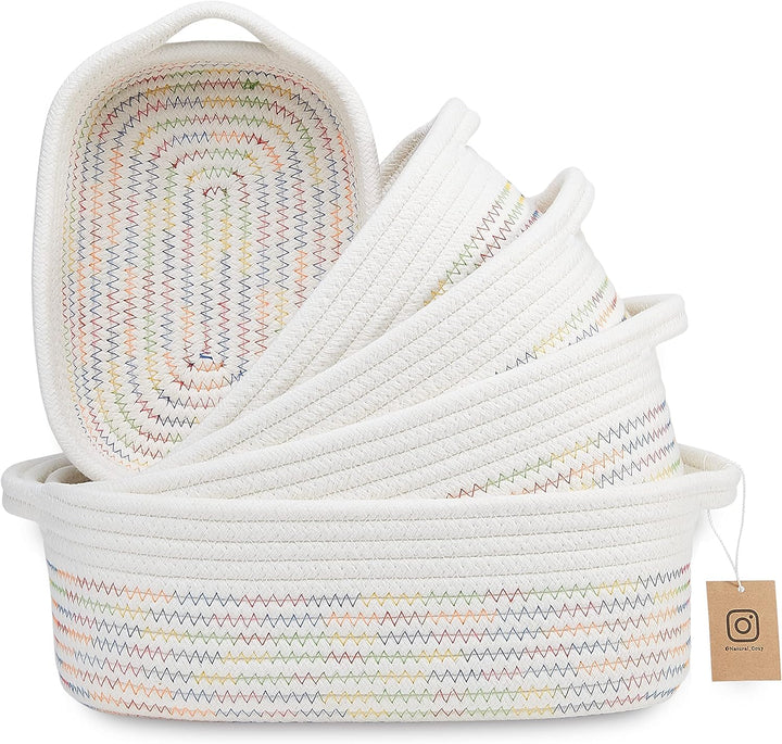 5-Piece Rectangle Storage Basket Set- Natural Cotton Rope Woven for Organizing! Small Basket for Montessori, Baby Nursery, Dog Toy Baskets, Cat Toy Box, Bathroom Organization Bin