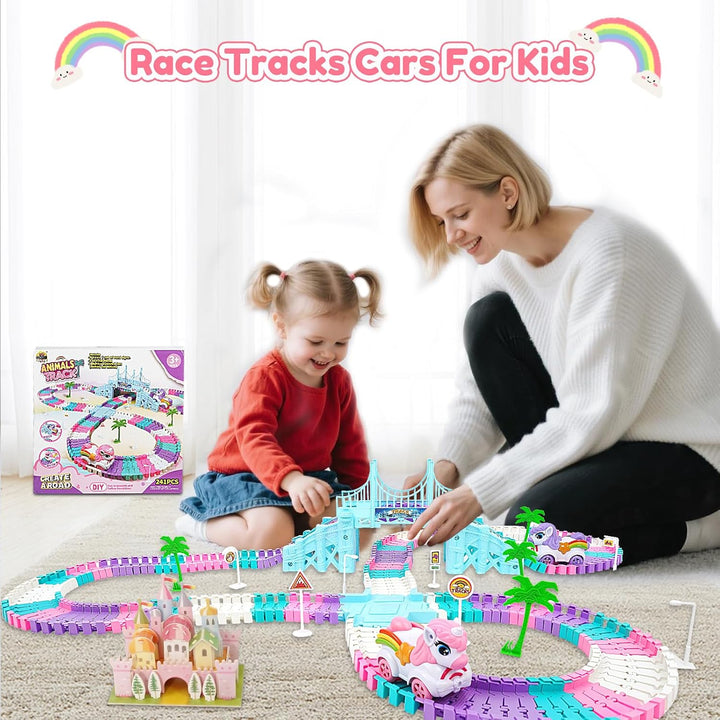 242PCS Uicorn Race Tracks for Kids Ages 4-8,Flexible Car Track Set Princess Toys Birthday Gifts for 3 4 5 6 Year Old Girls and Toddlers