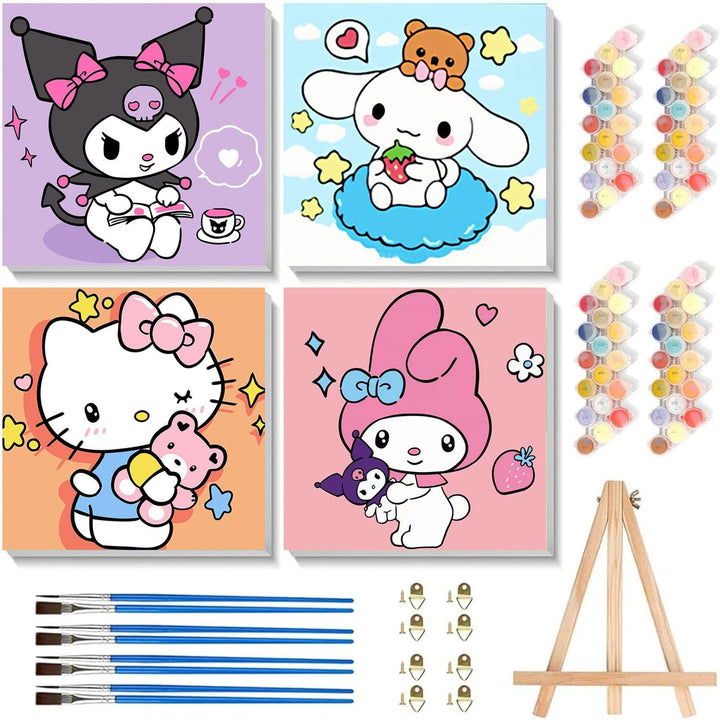 4 Pack Cartoon Paint by Numbers Kit for Kids with Frame - Wooden Easel, Cute Kids Paint by Numbers Ages 4 8 12, DIY Acrylic Oil Painting for Home Wall Decor (8X8 Inch)