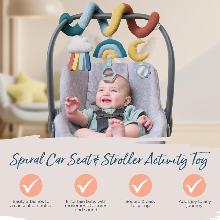 Spiral Car Seat & Stroller Activity Toy - Stroller & Car Seat Toys for Ages 0 Months and up - Hanging Toys Include Clinking Rings, Mirror and Textured Ribbons (Rainbow)