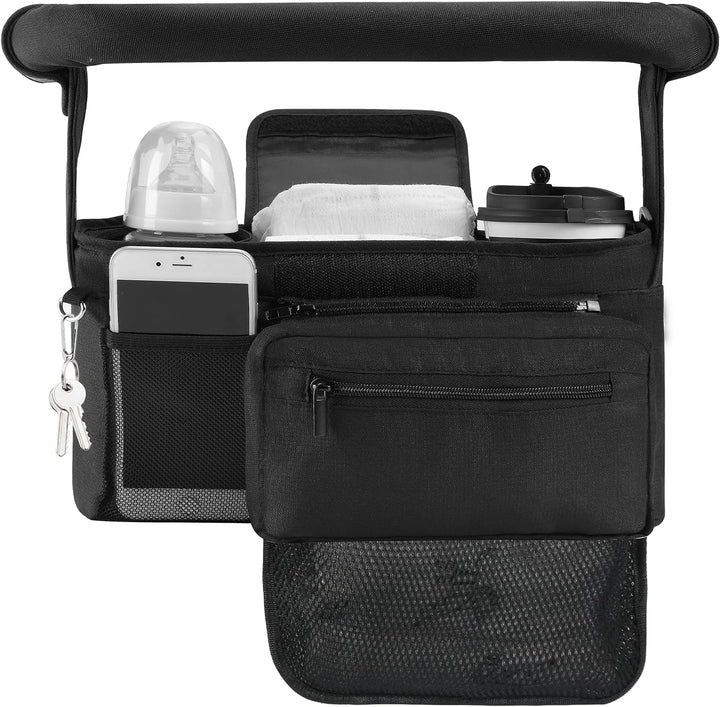 Universal Stroller Organizer with Insulated Cup Holder Detachable Phone Bag & Shoulder Strap, Fits for Stroller like Uppababy, Baby Jogger, Britax, BOB, Umbrella and Pet Stroller