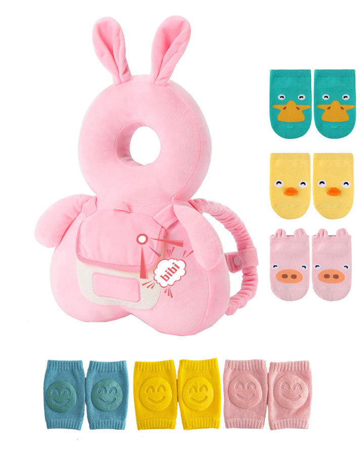 Baby Head Protector Backpack with Squeaker, Knee Pads, Anti-Slip Socks, Yellow Lion Sets