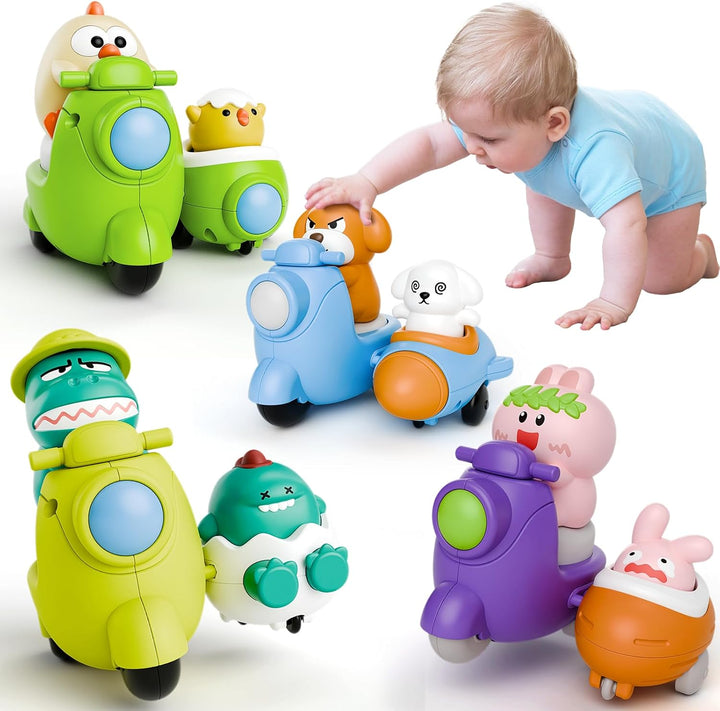Press and Go 4-Pack Animal Car Toys for Toddlers 1-3, Dinosaur Toys Push Cars for 1 Year Old Boys Girls - Baby Toys 12-18 Months, Safe Push & Go Vehicles for 1St Birthday Gifts & Christmas.