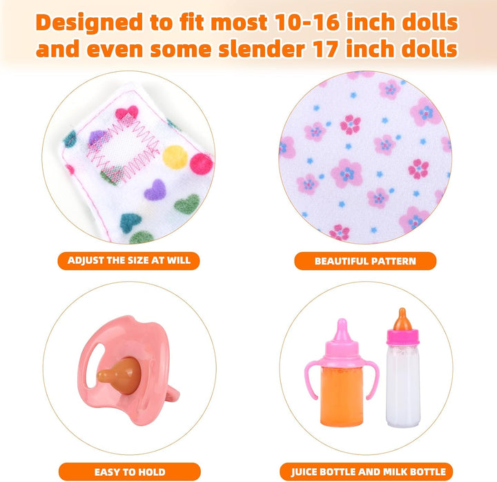 Baby Doll Accessories Set – 7 Pcs Feeding and Caring Set with Magic Disappearing Bottles, Pacifier, Diapers and Bibs Doll Pretend Play Gift for Kids
