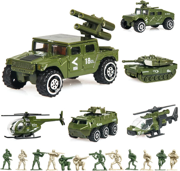 18 Pack Die-Cast Military Vehicles Sets,6 Pack Assorted Alloy Metal Models Car Toys and 12 Pack Soldier Army Men, Mini Army Toy Tank,Panzer,Anti-Air Vehicle,Helicopter Playset for Kids Boys