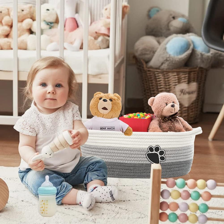 Small Woven Baskets for Organizing Rope Storage Basket with Handle Cute Cotton Basket for Nursery Gift Dog Toy Storage Bins for Toy Organizer Grey-White