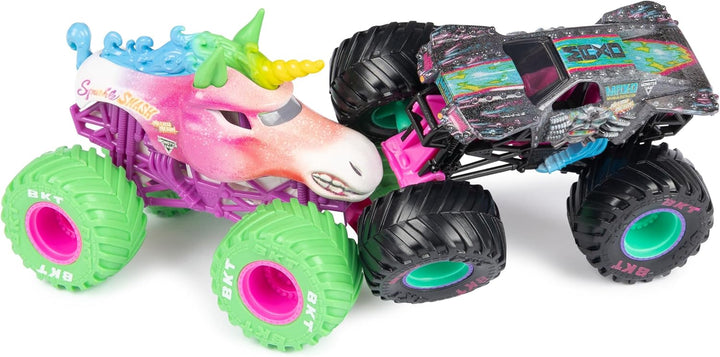 , Official Nitro Neon, Sparkle Smash Vs. Max-D, 1:64 Scale Die-Cast Monster Trucks, Kids Toys for Boys Ages 3 and Up