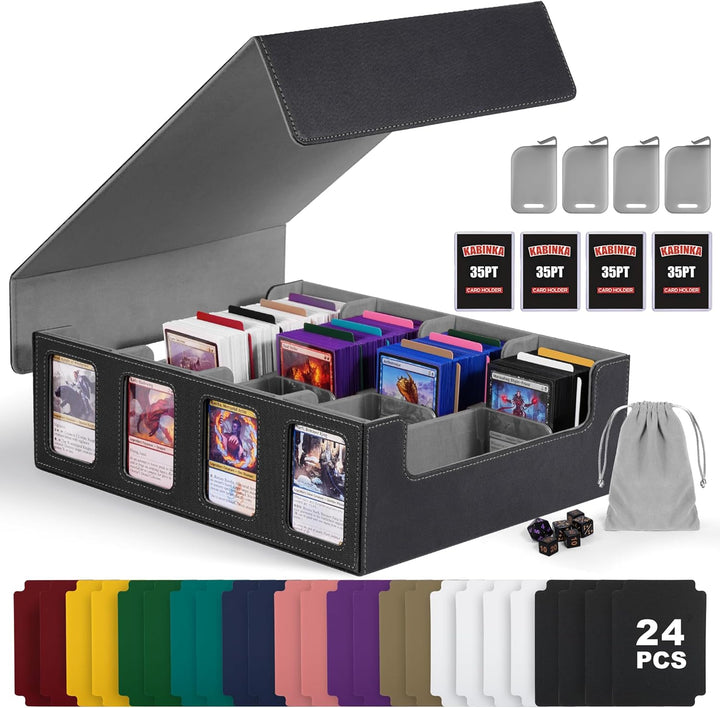 Trading Card Storage Box with Commander Display , 5-Row Deck Case with Removable Lid; 3900+ Card Deck Box for MTG TCG Sports Card, 5 Toploaders, 5 Stoppers, 48 Dividers,1 Dice Tray (Black Purple)