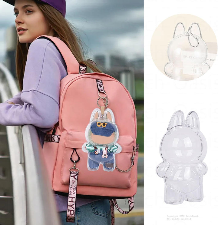 Protective Case Compatible with LABUBU Doll - Crystal-Clear Hard Display Box with Keychain & Dustproof Cover, Secure Backpack Hooks for Shelf/Outdoor Showcase (Doll Not Included)（Standing）