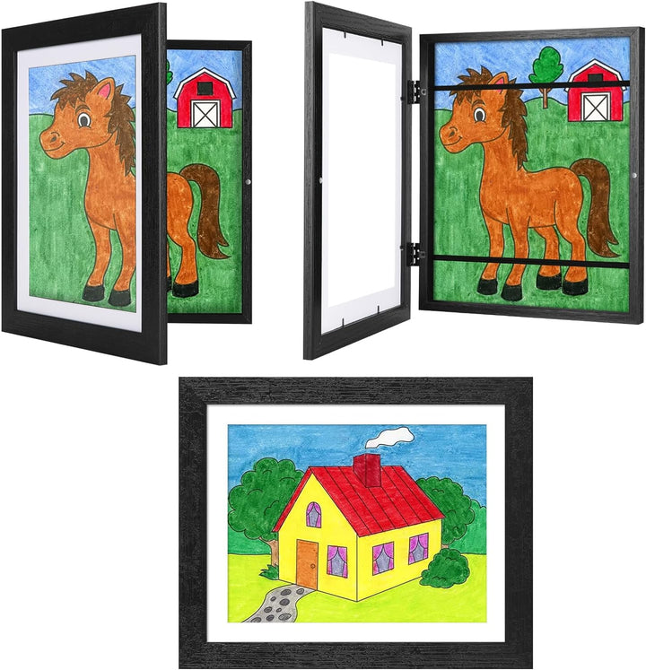 3Pack Kids Art Frames Natural Woodgrain, 10X12.5 Child Artwork Frame without Mat Changeable Front Opening, 8.5X11 Frame with Mat, Children Storage Frame Holds Crafts, Drawing, Art Project, Schoolwork