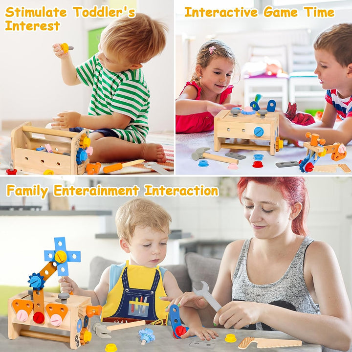 Kids Tool Set with Apron, Wooden Toddler Tool Bench Montessori Toys for 2+Year Old 39 PCS Educational STEM Construction Toys for Ages 2-4 Pretend Play Toddler Toys 3 4 5 Year Old Birthday Gift