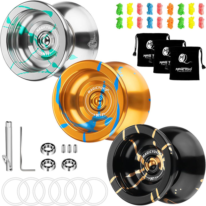 N11 Professional Unresponsive Yoyo N11 Dual Purpose Alloy Trick Yoyo Ball (Black with Golden) with Bag, Glove, 12 Yoyo Strings and Responsive Bearing Kit