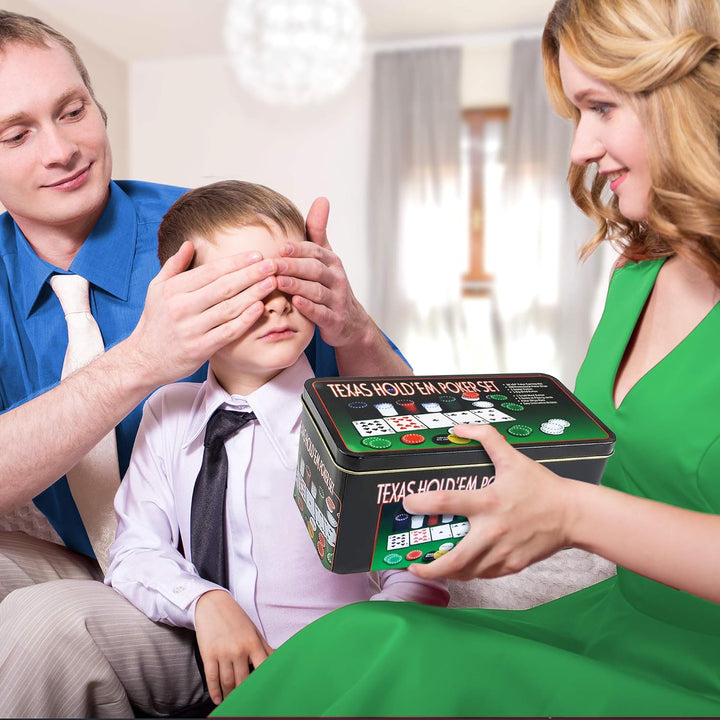 Texas Holdem Poker Game Set - Includes Hold’Em Mat, 2 Card Decks, Chips, Chip Holder and Tin Storage Box - Fun Game Night Supplies - Cool Casino Gift for Kids & Adults