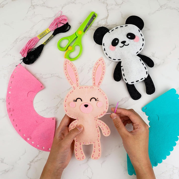 Kid Sewing Craft Kit to Make a Friend for Beginner Felt Craft Learn to Sew, Panda Fox Bunny Raccoon Bear 5 Animals