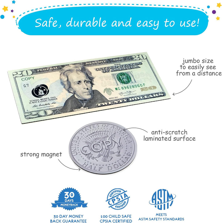 48 PCS Large Double-Sided Magnetic Money - Play Money for Kids for Learning, Pretend Money for Classroom, Toy Money, Play Coins for Kids, Money Games, Practice, Money Manipulatives, Class Money Set
