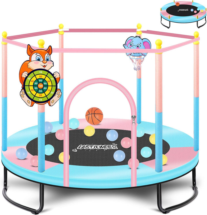 Pink Indoor Trampoline for Kids 2-5, 5Ft Mini Indoor & Outdoor Small Toddler Trampoline with Net and Basketball Hoop