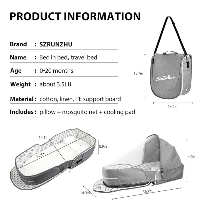 Portable Bassinet for Baby Travel Lounger Foldable Baby Co-Sleeping Bed with Mosquito Net + Cool Mat Carry Bag & Storage Pocket (Gray)