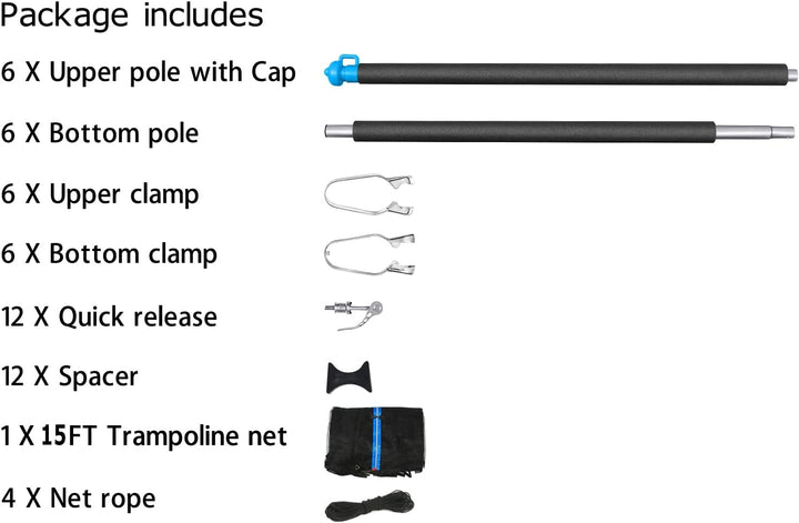 15FT Trampoline Enclosure Net with Universal Trampoline Replacement Enclosure Poles and Hardware (Fit for 15FT Trampoline with 6 Poles)