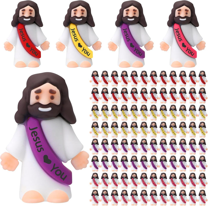 100 Pcs Little Jesus Figures Jesus Loves You Original Design Rubber Pocket Toys Little Figures to Hide and Seek Sunday School Religious Party Share Gifts(Vibrant Color)