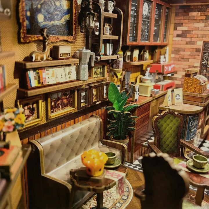 Book Nook Kit - DIY Miniature House Coffee Shop Dollhouse Kit for Adults and Teens, Booknook Tiny House Bookshelf Decor 3D Wooden Puzzle, Gifts for Family, Friends (Corner Coffee Shop)