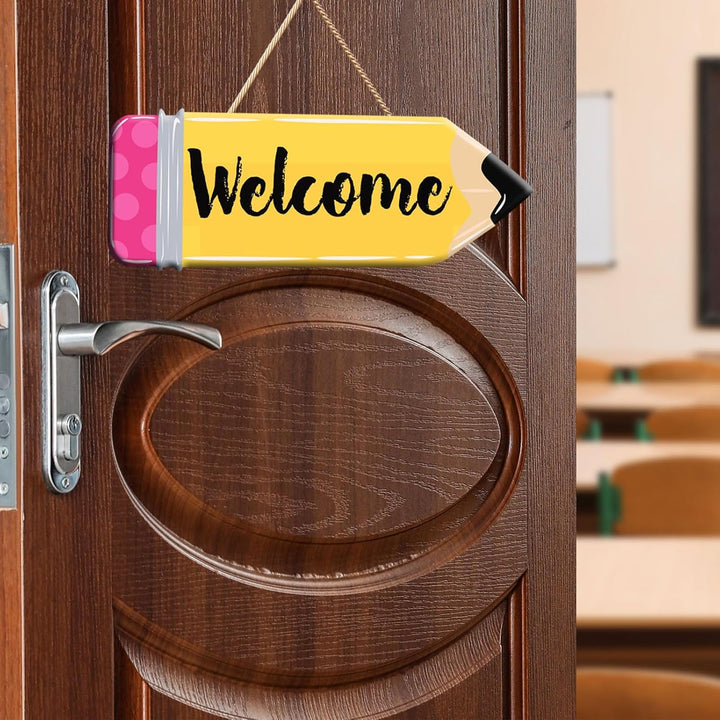 Back to School Welcome Sign Cute School Pencil Wooden Hanging Decoration Welcome Back to School Door Hanger for Teacher Student Classroom Front Porch