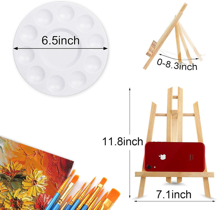 144 PCS Professional Painting Set, 12 PCS Wood Easels,12 Packs of 120 Brushes with Nylon Brush Head and 12 PCS Palettes, Painting Supplies Kit for Kids & Adults Party.