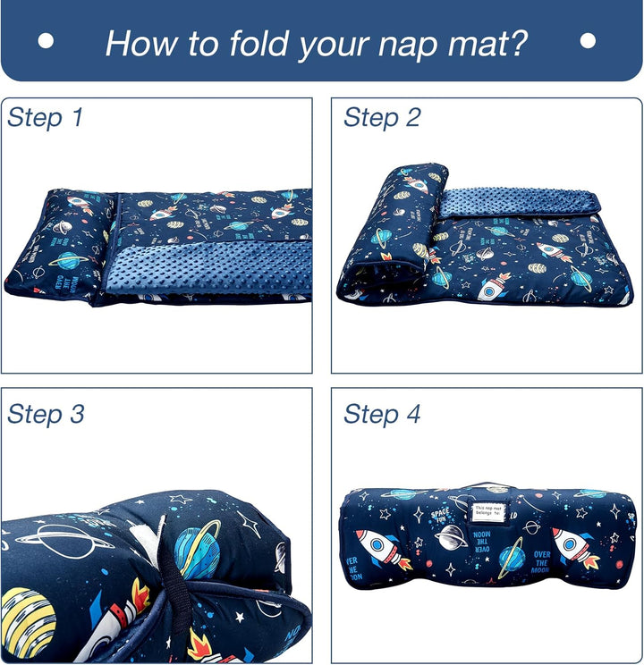 Toddler Nap Mat, Rollup Design Kid Sleeping Mat with Removable Pillow & Minky Blanket, Toddler Sleeping Bag for Daycare Preschool Travel Camping