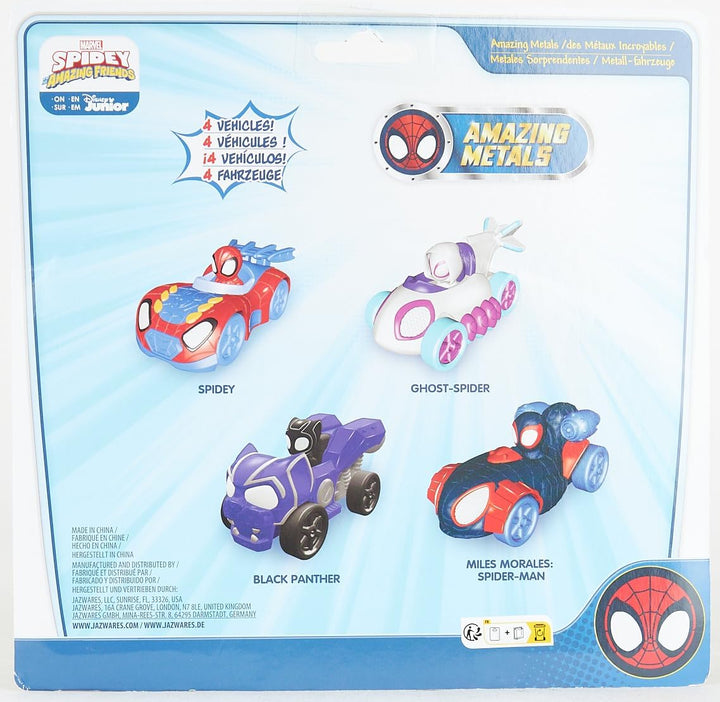 Marvel Spidey and Friends 4-Pack Die-Cast Vehicles - Includes Spidey, Ghost-Spider, Black Panther, Miles Morales - Superhero Toys for Kids 3+