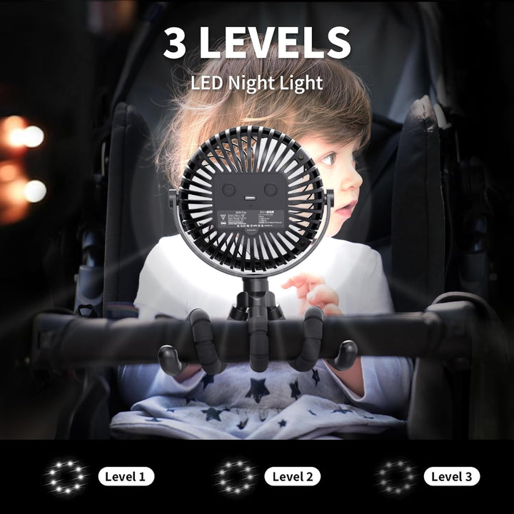 Battery Operated Stroller Fan Flexible Tripod Clip on Fan with 3 Speeds and Rotatable Handheld Personal Fans for Car Seat Crib Bike Treadmill (Black)
