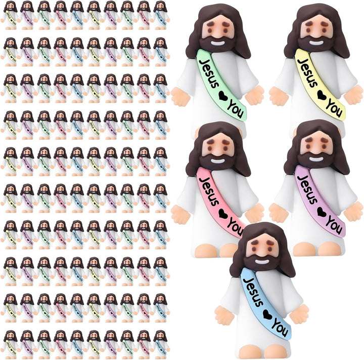 100 Pcs Little Jesus Figures Jesus Loves You Original Design Rubber Pocket Toys Little Figures to Hide and Seek Sunday School Religious Party Share Gifts(Vibrant Color)