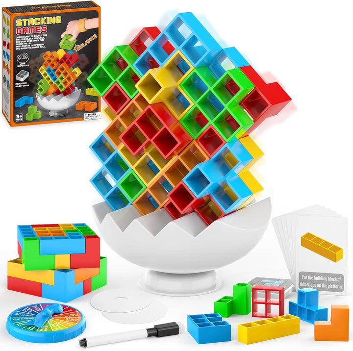 64PCS Stack Game for Adult & Kids, Tetra Board Tower Games for Family Travel Party, 2 Players Balance Stacking Toy, Team Toys Building Block