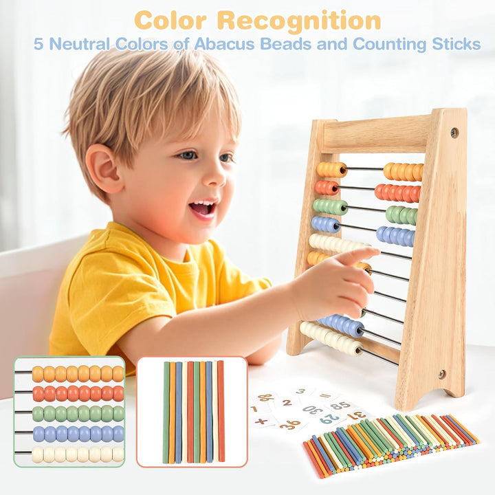 Abacus for Kids Math - Wooden Abacus with 100 Counting Sticks and 112 Math Cards, Counting Toys for Preschool Learning, Educational Math Toys for Developing Fine Motor Skills, Math Calculation