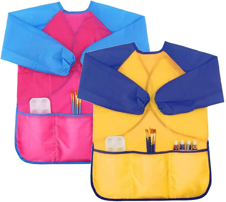2 Pack Kids Art Smock Colorful Waterproof Children Art Aprons Artist Painting Aprons with Long Sleeve 3 Roomy Pockets for Age 3-7 Years,Yellow and Blue
