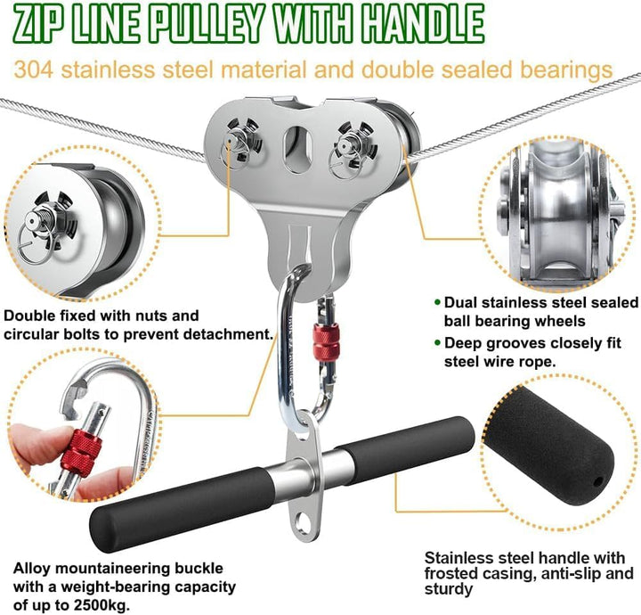 Zip Lines for Kids and Adults Outdoor up to 500 Lbs, 304 Stainless Steel 80FT Zipline Kits for Backyard with Thickened 1/4" Wire Rope, Removable Pulley, Outdoor Playground Equipment