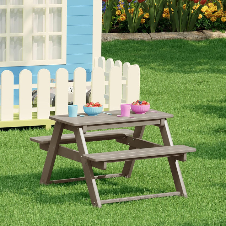 Malibu Outdoor Patio Kids HDPE Plastic Picnic Bench Table, Weathered Wood