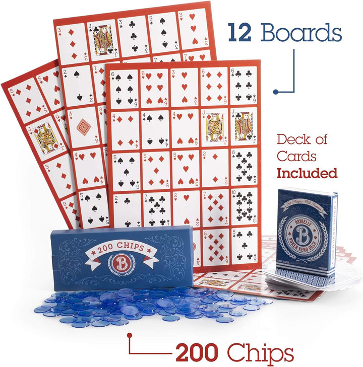 Poker Keno Game Set with Cards and Chips - Adult Family Casino Board Game Night Gift Includes Deck of Playing Cards, 12 Boards, 200 Bingo Chips