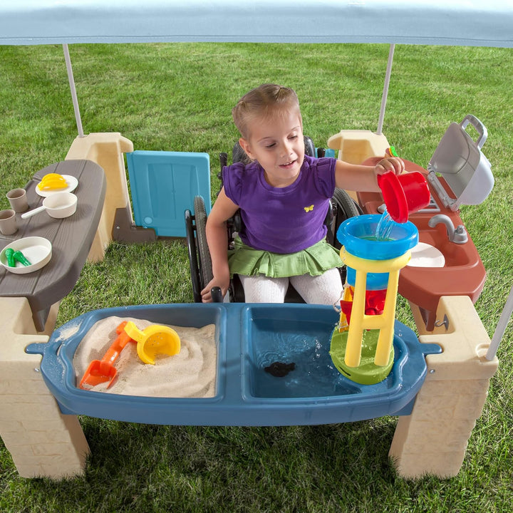 All around Playtime Patio with Canopy Playset – Shaded Outdoor Playhouse for Kids with Realistic, Interactive Features, Room for Multiple Toddlers to Play – Dimensions: 60" H X 47.5" W X 47.5" D