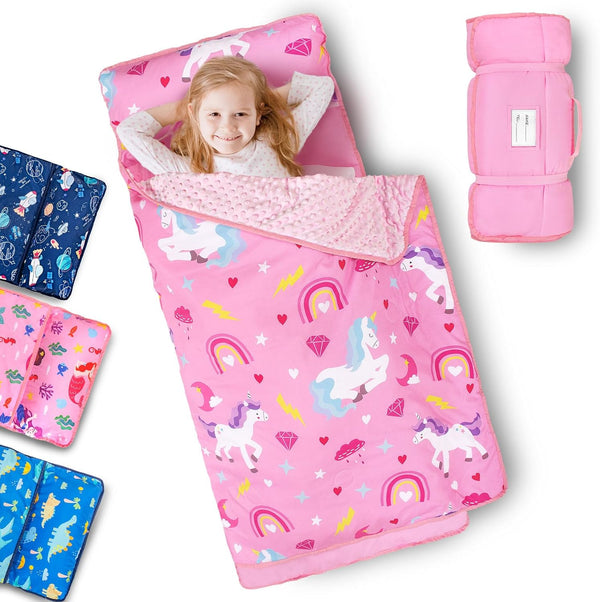 Toddler Nap Mat with Removable Pillow and Fleece Blanket, Extra Large 55''X35'' Sleeping Bag, Washable, Light, Easy to Roll Up, Perfect for Daycare, Preschool, Kindergarten, Travel
